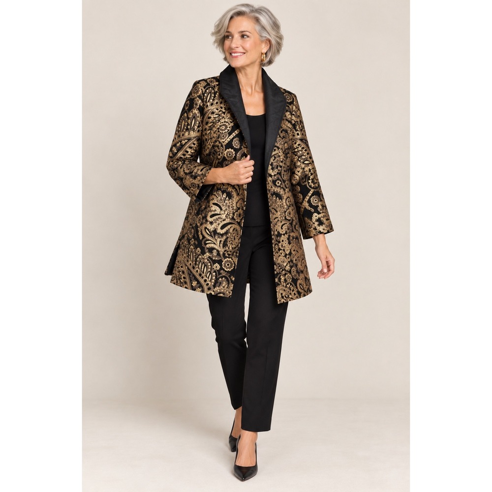 Chico's Black Gold Metallic Paisley Brocade Evening Jacket Size 3 XL